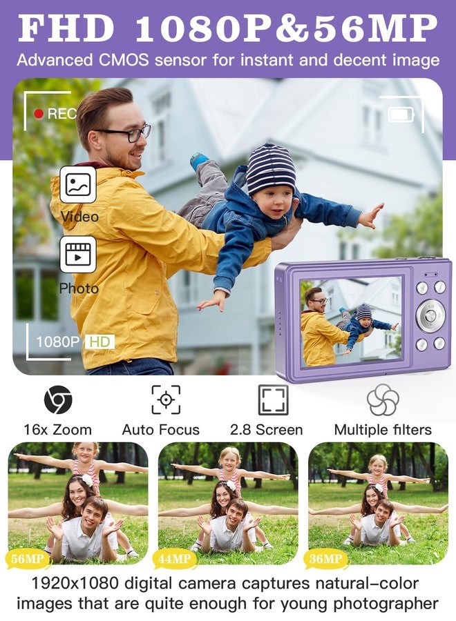 Fleafer Upgrade Kids Camera, 56MP FHD 1080P with 16x Zoom, Anti Shake, 32GB TF Card, Two Batteries, Lanyard - Compact Small Camera for Kids Boys Girls (Purple) - Image 2